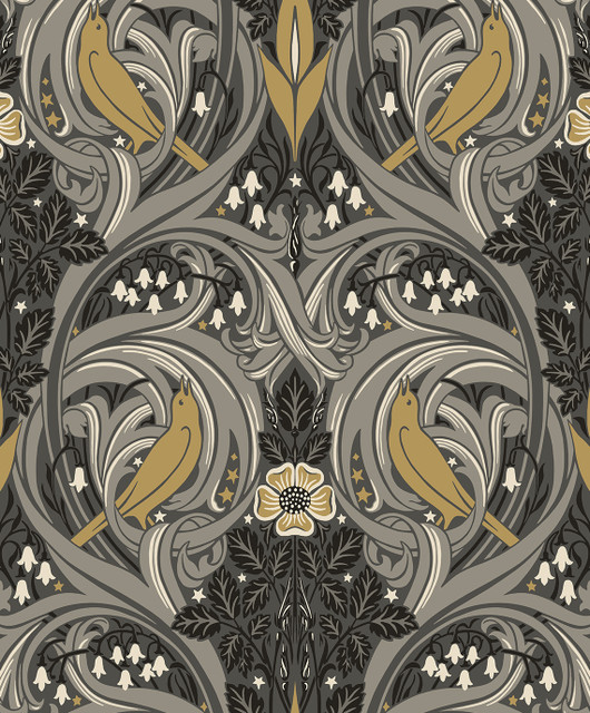 Bird Scroll Charcoal & Goldenrod by Seabrook Wallpaper Legacy Prints Netherlands 57.5 25.2" 20.9" - Fabric Carolina -