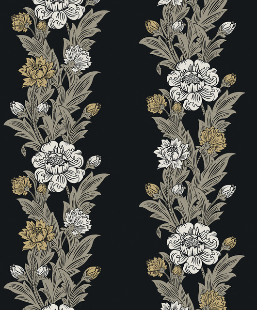 Blooming Stripe Ebony & Goldenrod by Seabrook Wallpaper Legacy Prints Netherlands 57.5 12.6" 20.9" - Fabric Carolina -
