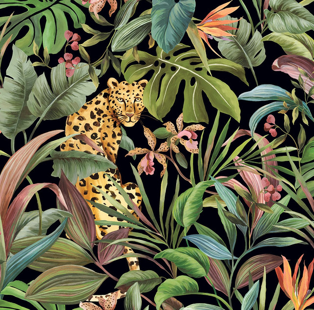 Tropical Leopard Gloss Black by Seabrook Wallpaper Daisy Bennett Peel and Stick United States 40.5 27" 27" - Fabric Carolina -