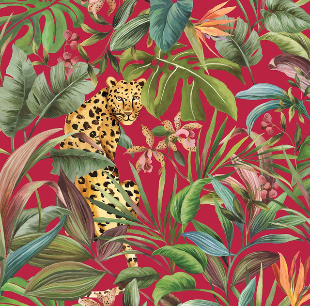 Tropical Leopard Gloss Red by Seabrook Wallpaper Daisy Bennett Peel and Stick United States 40.5 27" 27" - Fabric Carolina -
