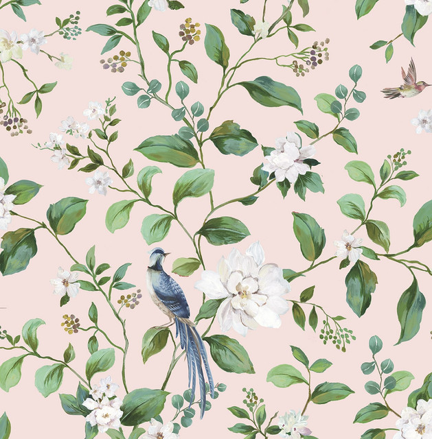 Chinoiserie Bird Vine Blush by Seabrook Wallpaper Daisy Bennett Peel and Stick United States 30.75 20.87" 20.5" - Fabric Carolina -