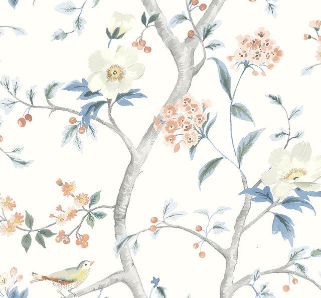 Floral Trail Melon & Carolina Blue by Seabrook Wallpaper Lillian August Peel and Stick United States 40.5 25.2" 27" - Fabric Carolina -
