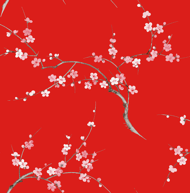 Cherry Blossom Floral Scarlet & Petal Pink by Seabrook Wallpaper NextWall Peel & Stick United States 30.75 20.87" 20.5" - Fabric Carolina -