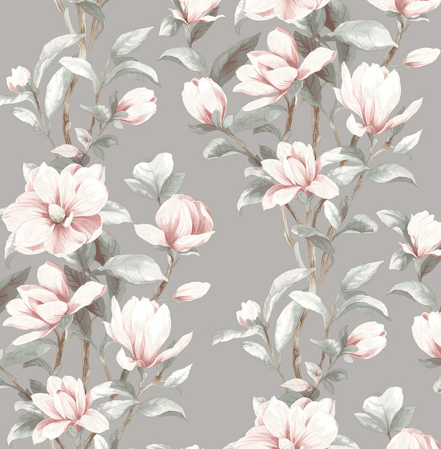 Magnolia Trail Metallic Silver & Petal Pink by Seabrook Wallpaper NextWall Peel & Stick United States 30.75 20.87" 20.5" - Fabric Carolina -