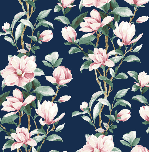 Magnolia Trail Navy & Blush by Seabrook Wallpaper NextWall Peel & Stick United States 30.75 20.87" 20.5" - Fabric Carolina -