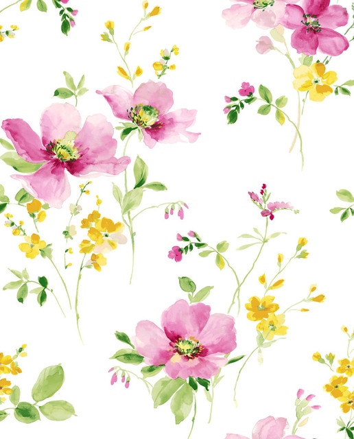 Watercolor Windflower Cerise Pink & Marigold by Seabrook Wallpaper NextWall Peel & Stick United States 30.75 25.2" 20.5" - Fabric Carolina -