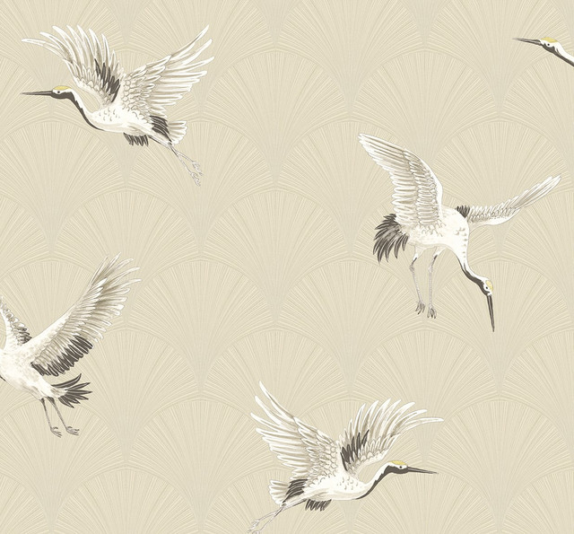 Cranes Alba Beige by Seabrook Wallpaper NextWall Peel & Stick United States 40.5 25.2" 27" - Fabric Carolina -
