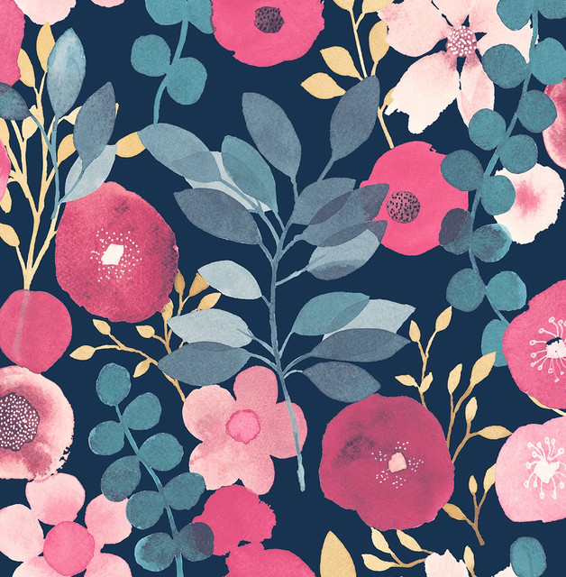 Garden Dance Navy & Magenta by Seabrook Wallpaper NextWall Peel & Stick United States 30.75 20.87" 20.5" - Fabric Carolina -