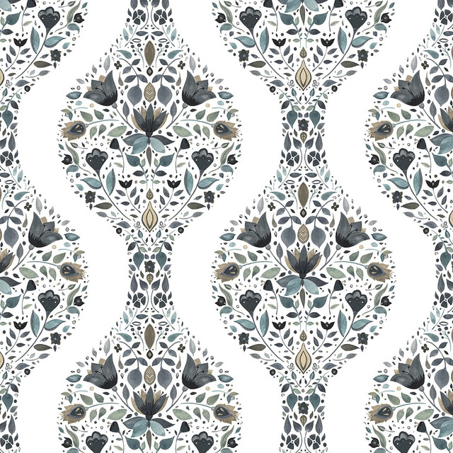Floral Ogee Steel & Rustic Taupe by Seabrook Wallpaper NextWall Peel & Stick United States 30.75 6.3" 20.5" - Fabric Carolina -