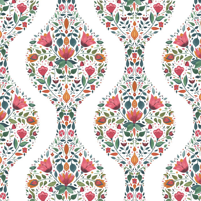 Floral Ogee Rose Pink & Spruce by Seabrook Wallpaper NextWall Peel & Stick United States 30.75 6.3" 20.5" - Fabric Carolina -