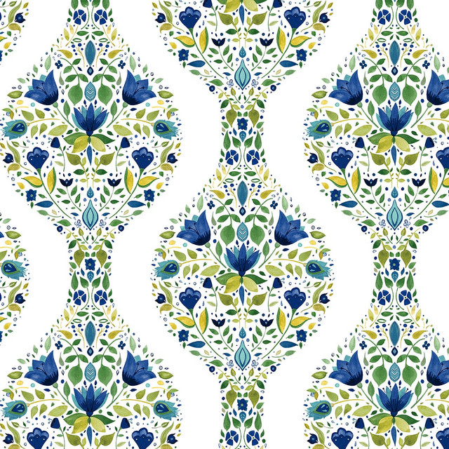 Floral Ogee Cobalt & Spring Green by Seabrook Wallpaper NextWall Peel & Stick United States 30.75 6.3" 20.5" - Fabric Carolina -