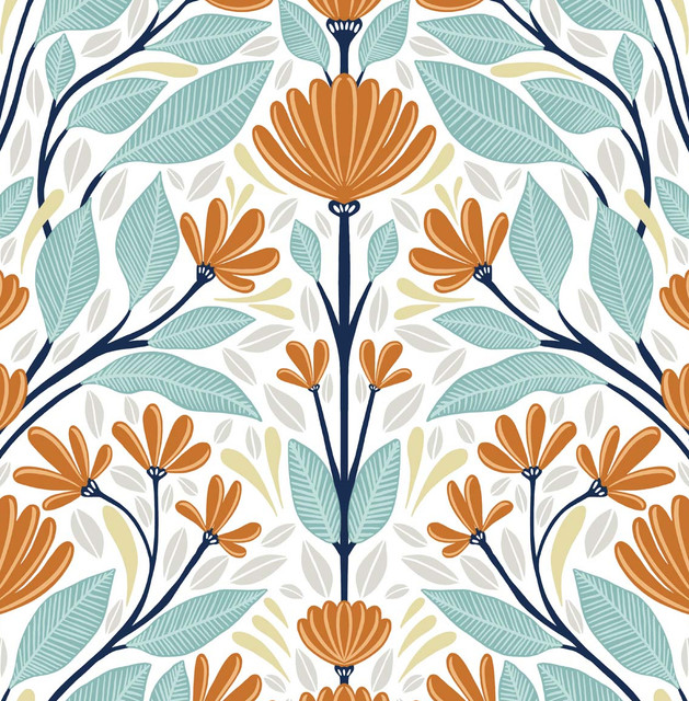 Folk Floral Verdigris & Orange by Seabrook Wallpaper NextWall Peel & Stick United States 30.75 20.87" 20.5" - Fabric Carolina -