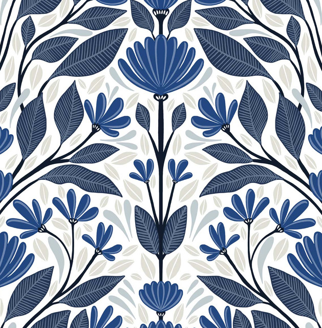 Folk Floral Blue Sapphire & Pavestone by Seabrook Wallpaper NextWall Peel & Stick United States 30.75 20.87" 20.5" - Fabric Carolina -