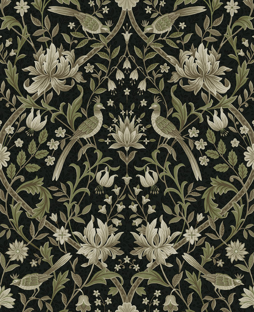 Vintage Bird Ogee Ebony & Rosemary by Seabrook Wallpaper NextWall Peel & Stick United States 15.38 25.2" 20.5" - Fabric Carolina -
