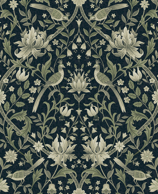Vintage Bird Ogee Blue & Sage by Seabrook Wallpaper NextWall Peel & Stick United States 30.75 25.2" 20.5" - Fabric Carolina -
