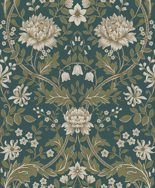 Honeysuckle Floral Prepasted Teal & Moss Green by Seabrook Wallpaper Etten Prepasted Wallcoverings Netherlands 57 25.2" 20.9" - Fabric Carolina -