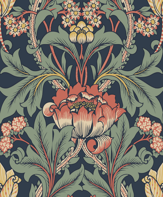 Primrose Garden Floral Prepasted Denim Blue & Auburn by Seabrook Wallpaper Etten Prepasted Wallcoverings Netherlands 57 25.2" 20.9" - Fabric Carolina -