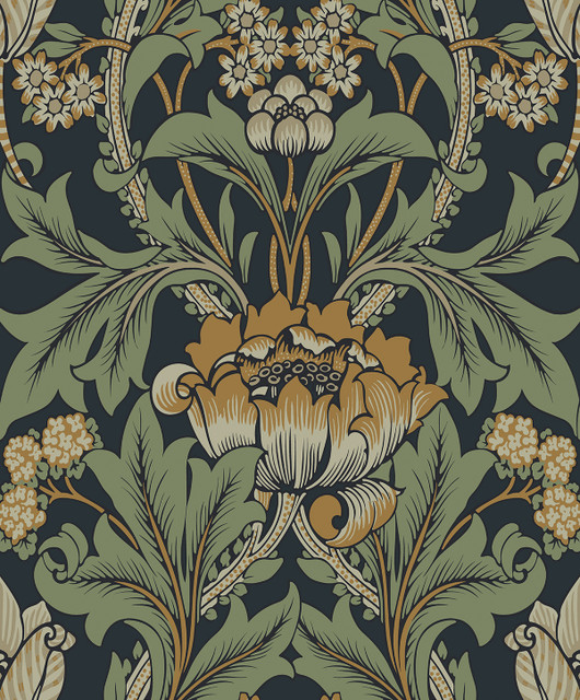 Primrose Garden Floral Prepasted Midnight Blue & Goldenrod by Seabrook Wallpaper Etten Prepasted Wallcoverings Netherlands 57 25.2" 20.9" - Fabric Carolina -