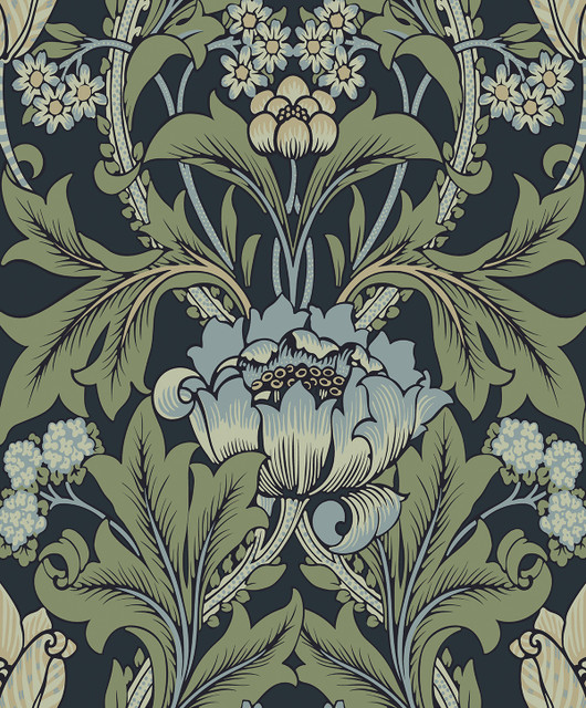 Primrose Garden Floral Prepasted Midnight Blue & Sage by Seabrook Wallpaper Etten Prepasted Wallcoverings Netherlands 57 25.2" 20.9" - Fabric Carolina -