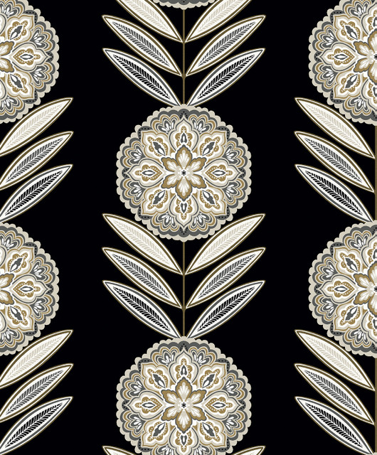 Belle Floral Stripe Black Tie & Metallic Gold by Seabrook Wallpaper Piano Netherlands 57.5 12.6" 20.9" - Fabric Carolina -