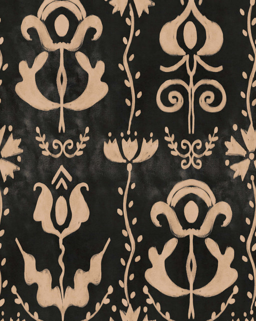 GRANDMA'S STENCIL Anthracite Wallpaper (WP30275) by Mind The Gap | WP30275 | TRANSYLVANIAN RHAPSODY | 1 roll x 52 x 1000 cm / 20.5 x 393.7in | 0.52m / 20.5in | 10m / 393.7in | 5.20sqm / 55.9sq ft | L70xm / L27.5in | Taupe, Anthracite | Non-woven Satin | Paste the wall | 1 roll in a box | Fabric Carolina | https://www.fabriccarolina.com/
