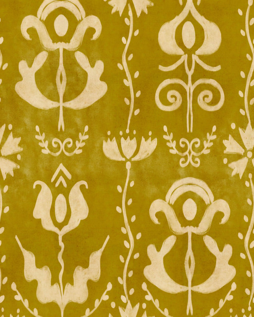 GRANDMA'S STENCIL Mustard Wallpaper (WP30277) by Mind The Gap | WP30277 | TRANSYLVANIAN RHAPSODY | 1 roll x 52 x 1000 cm / 20.5 x 393.7in | 0.52m / 20.5in | 10m / 393.7in | 5.20sqm / 55.9sq ft | L70xm / L27.5in | Taupe, Yellow | Non-woven Satin | Paste the wall | 1 roll in a box | Fabric Carolina | https://www.fabriccarolina.com/