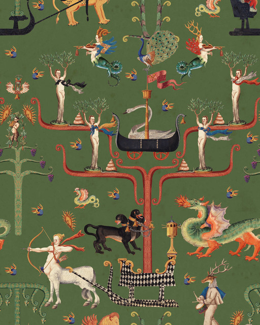 FAIRIES AND DRAGONS Fir Wallpaper (WP20898) by Mind The Gap | WP20898 | TRANSYLVANIAN RHAPSODY | 1 roll x 52 x 900 cm / 20.47 x 354.33 in | 0.52m / 20.5in | 9m / 354in | 4.68sqm / 50sq ft | L70xm / L27.5in | Blue, Green, Brown | Non-woven Textured | Paste the wall | 1 roll in a box | Fabric Carolina | https://www.fabriccarolina.com/