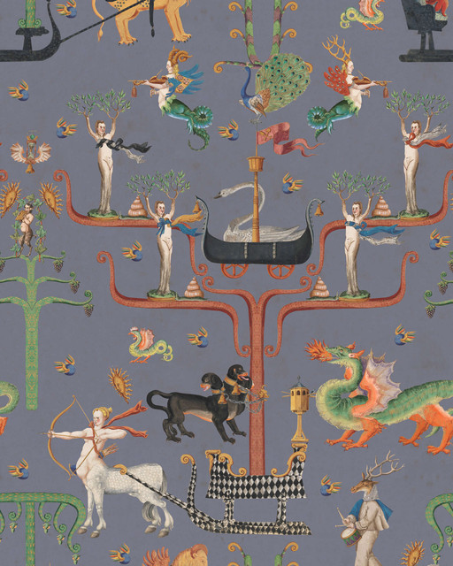 FAIRIES AND DRAGONS Slate Wallpaper (WP20897) by Mind The Gap | WP20897 | TRANSYLVANIAN RHAPSODY | 1 roll x 52 x 900 cm / 20.47 x 354.33 in | 0.52m / 20.5in | 9m / 354in | 4.68sqm / 50sq ft | L70xm / L27.5in | Blue, Green, Yellow, Brown, Purple | Non-woven Textured | Paste the wall | 1 roll in a box | Fabric Carolina | https://www.fabriccarolina.com/