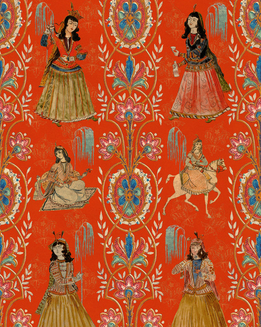 MAGHREBIAN FOLKTALE Rose Wallpaper (WP20746) by Mind The Gap | WP20746 | TALES OF MAGHREB | 1 roll x 52x900 cm / 20.47x354.33in | 0.52m / 20.5in | 9m / 354in | 4.68sqm / 50sq ft | 70cm / 27.5in | Blue, Ochre, Tangerine Red | Non-woven Textured | Paste the wall | 1-roll in a box | Fabric Carolina | https://www.fabriccarolina.com/