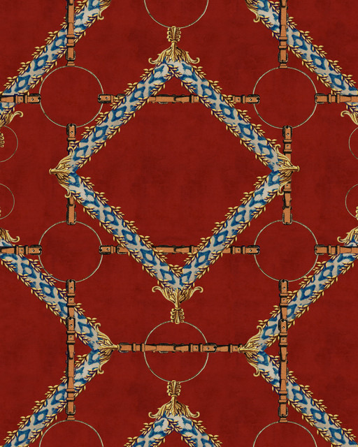 DECORATIVE HARNESS Burgundy Wallpaper (WP30106) by Mind The Gap | WP30106 | THE DERBY | 1 roll x 52x1000 cm / 20.5x393.7 in | 0.52m / 20.5in | 10m / 393.7in | 5.20sqm / 55.9sq ft | 50cm / 19.6in | Blue, Yellow, Red, Brown | Non-woven Satin | Paste the wall | 1-roll in a box | Fabric Carolina | https://www.fabriccarolina.com/