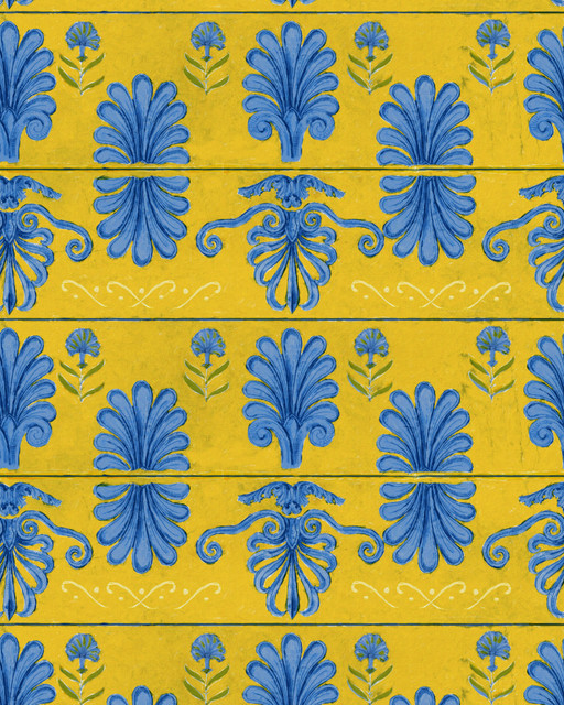 MYKONOS VILLA MOTIF Lemon Wallpaper (WP30044) by Mind The Gap | WP30044 | SUNDANCE VILLA | 1 roll x 52x1000 cm / 20.5x393.7 in | 0.52m / 20.5in | 10m / 393.7in | 5.20sqm / 55.9sq ft | 56.5cm / 22.2in | Blue, Yellow | Non-woven Satin | Paste the wall | 1-roll in a box | Fabric Carolina | https://www.fabriccarolina.com/