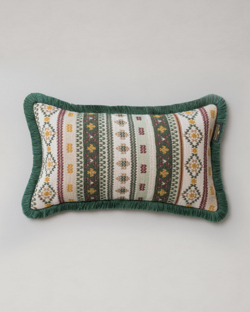 GAISSTEIN Cushion - Rectangular (LC40196) by Mind The Gap | LC40196 | TYROL APRES-SKI | 50 x 30 cm | Taupe, Light Green, Dark Green | Fringes all around | Duck feather | 40% Cotton, 27% Polyacrylic, 20% Wool, 13% Other Fibers | Fabric Carolina | https://www.fabriccarolina.com/