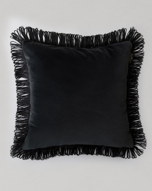 CHARCOAL Velvet Cushion (LC40234) by Mind The Gap | LC40234 | JAZZ LIVE | 50 x 50 cm | Black | Black fringes | Duck feather | Cotton velvet | Fabric Carolina | https://www.fabriccarolina.com/