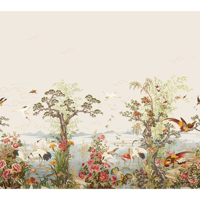 Crane Mural 3 Panel Set Green and Rose TM4510 by Thibaut Designer Wallpaper Thibaut Wallpaper CRANE MURAL Green and Rose TM4510Wallpaper MURAL RESOURCE Wallpaper Repeat: H: , V:  162 - Fabric Carolina -