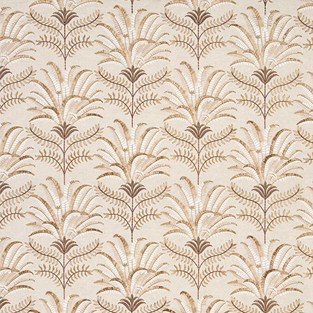 Beyond The Palms Latte 4005911002 by Carole Exclusive Designer Natural Harmony Base: 75% COTTON, 25% LINEN Embr: 100% VISCOSE INDIA 15" V , 17 3/8" H 51 1/2*" Carole Fabrics Fabric - Swanky Fabrics -