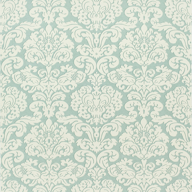 Trelawny Damask Aqua F914217 by Thibaut Fabric