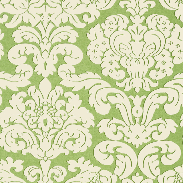 Trelawny Damask Green T14219 by Thibaut Wallpaper