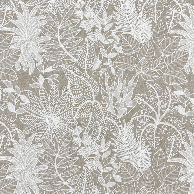 Lydia Flax by Magnolia Designer Fabric Required Minimum Quantity Purchase: 2 yards Content: 100% LINEN, INCL EMB Origin: INDIA Performance: Repeat: Horizontal: 25 and Vertical: 19 Width: 52 Uses: Drapery, Multipurpose