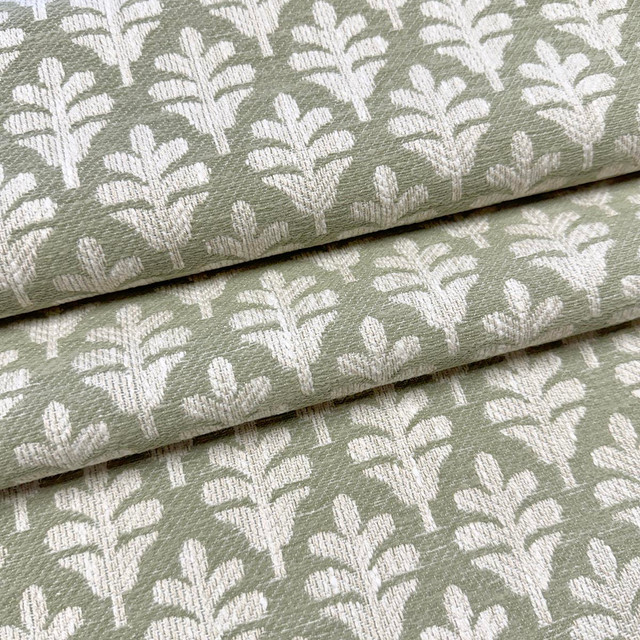 Odette Laurel by Magnolia Designer Fabric Required Minimum Quantity Purchase: 2 yards Content: 66% POLYESTER, 34% COTTON Origin: INDIA Performance: 50,000WYZ Repeat: Horizontal: 1.75 and Vertical: 2.5 Width: 55 Uses: Bedding, Multipurpose, Upholstery