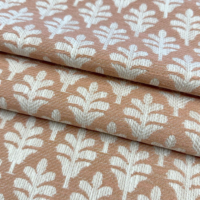 Odette Salmon by Magnolia Designer Fabric Required Minimum Quantity Purchase: 2 yards Content: 66% POLYESTER, 34% COTTON Origin: INDIA Performance: 50,000 WYZ Repeat: Horizontal: 1.75 and Vertical: 2.5 Width: 55 Uses: Bedding, Multipurpose, Upholstery