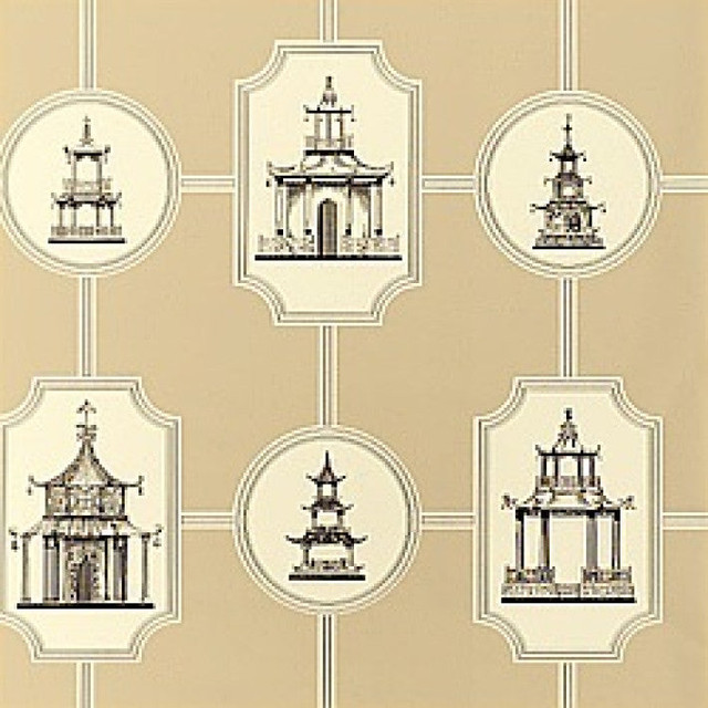 Oriental Toile Black on Taupe T7330 by Thibaut Wallpaper