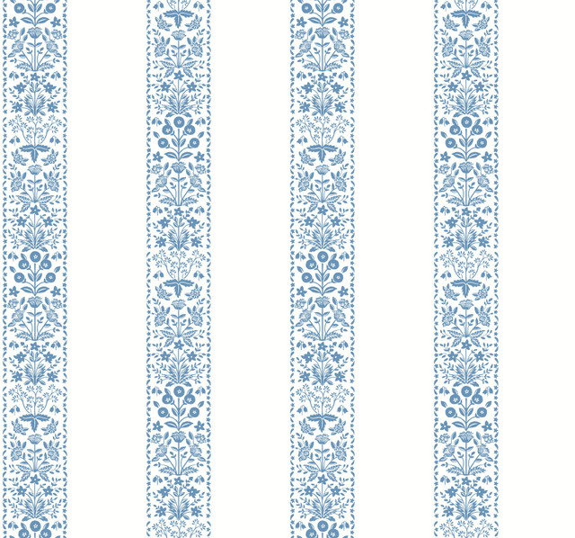 Estee Stripe Blue & White Wallpaper by Rifle Paper Co. Rifle Paper Co. Covers about 60.8 square feet 27-in by 27-ft long roll Unpasted 12.63 - Fabric Carolina -
