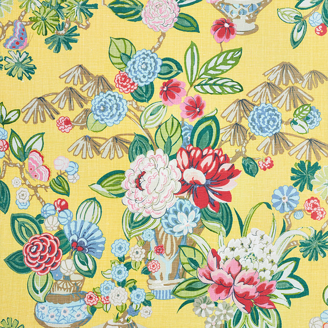 Bouquet Chinois Yellow 177290 by Schumacher Fabric Orient-Express 100% Linen Martindale 20,000 Horizontal: 26.5 and Vertical: 30 54 - Fabric Carolina -