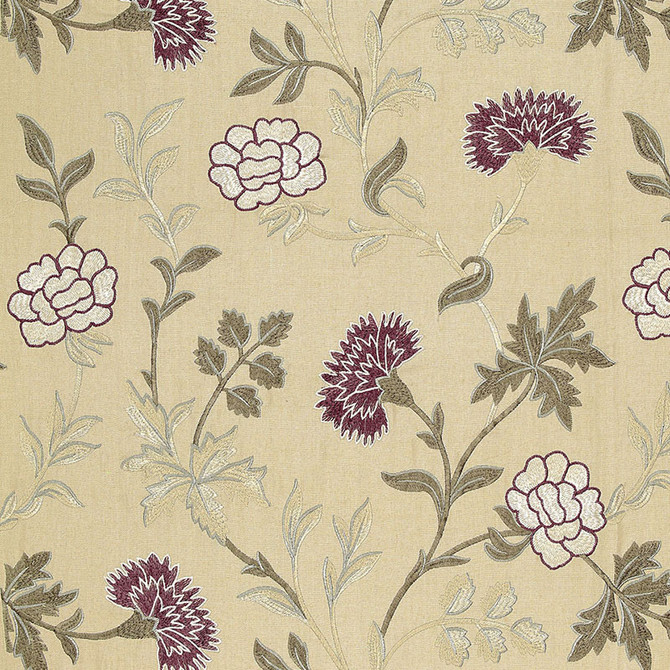 Sheridan Linen Embroidery Mulberry 65664 by Schumacher Fabric CHROMA See Sample INDIA . </p><p>Repeat: Horizontal: 25" (64CM) and Vertical: 25" (64CM) 50 2/8" WIDE (128CM) - Fabric Carolina -