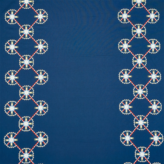 Chamizal Embroidery Blue & Red 77601 by Schumacher Fabric TRUE WEST See Sample INDIA - </p><p>Repeat: Horizontal: 28 1/2" (72CM) and Vertical: 7 1/2" (19CM) 55" (140CM) - Fabric Carolina -