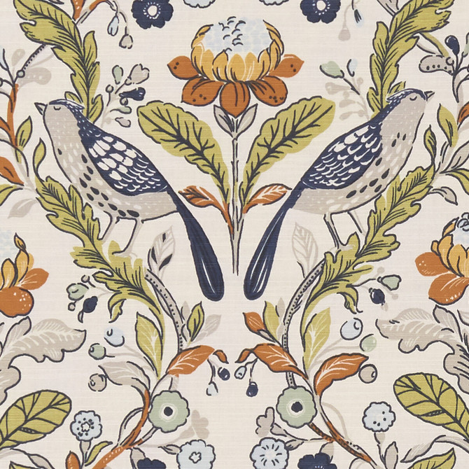 Orchard Birds Birds Denim/Spice by Clarke And Clarke Fabric CLARKE & CLARKE SHERWOOD COTTON - 100% Turkey MEDIUM Horizontal: and Vertical: 54 - Fabric Carolina -