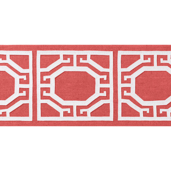 Gate Applique Tape Coral E12007 by Thibaut Fabric Thibaut Fabric Gate Applique Tape Coral E12007Fabric Tapes & Trims Volume 1 80% Linen, 20% Polyester INDIA </p><p>Repeat: V: 4.12 3.87 - Fabric Carolina -