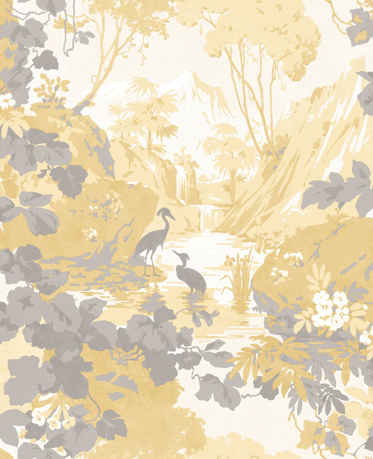 Eden Mustard Crane Lagoon Wallpaper by Brewster Archive Collection Covers about 56.4 square feet 20.5-in by 33-ft long roll Unpasted 25.2 - Fabric Carolina -