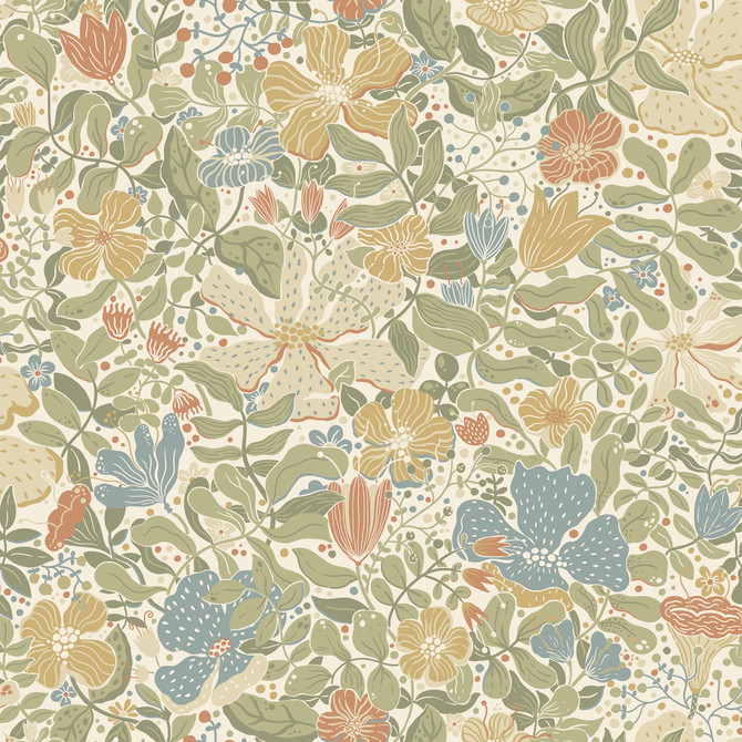 Midsommar Light Green Floral Medley Wallpaper by A-Street Prints Briony Covers about 57.5 square feet 20.9-in by 33-ft long roll Unpasted 20.9 - Fabric Carolina -