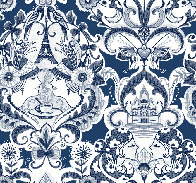 Sadie Navy Parisian Damask Wallpaper by A-Street Prints Daylight Covers about 60.8 square feet 27-in by 27-ft long roll Unpasted 25.25 - Fabric Carolina -
